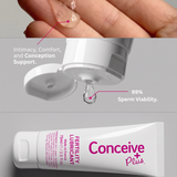 Conceive Plus fertility lubricant tube shown below a split demonstration image: a hand holding a clear gel drop labeled 'Intimacy, Comfort, and Conception Support,' and a droplet labeled '99% Sperm Viability.' The product tube is white with pink text and branding.