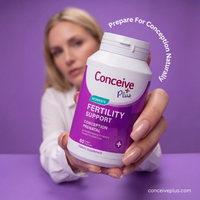 A woman holds a bottle of Conceive Plus Fertility Support dietary supplement against a solid purple background. The bottle is white with a purple label, and the text 'Prepare For Conception Naturally' is written in a curved white font above her head.