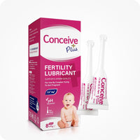 For Fertility Lubricant Duo Bundle the front view image of the box of Conceive Plus Fertility Lubricant 8x4g pre-filled applicators  and two prefilled applicators placed on the right side beside box on a white background. There prefilled applicators are placed one in front and 2nd behind with partial visibility. A smiling baby is printed on the front side of the box.