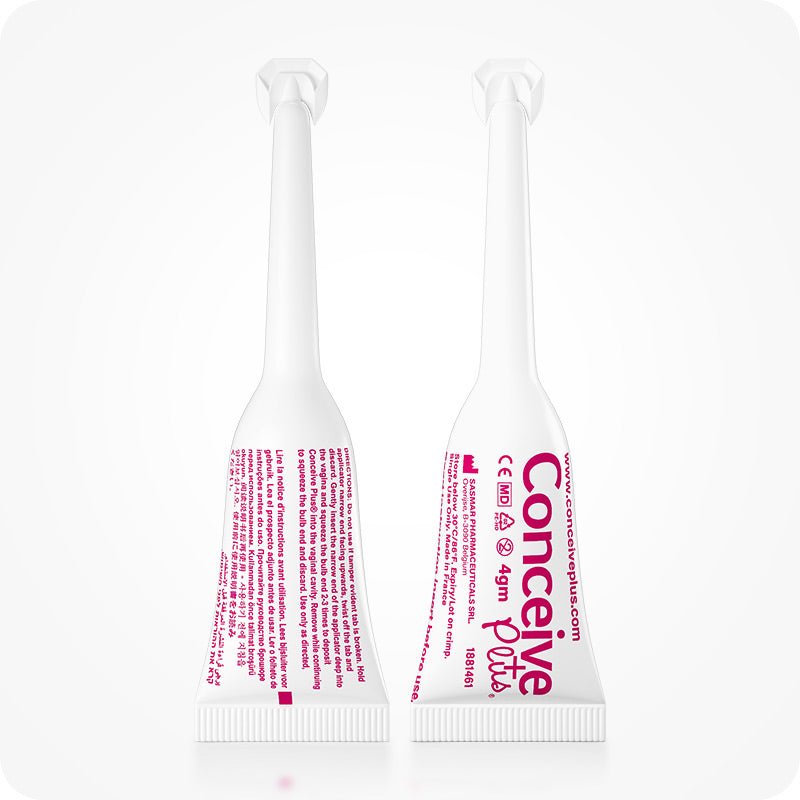 For Fertility Lubricant Duo Bundle the image of two Conceive Plus Fertility Lubricant 8x4g Pre-Filled Applicators with front and back views on a white background. The prefilled applicators are placed side by side and one is showing front of the tube while the other one showing back of the tube.