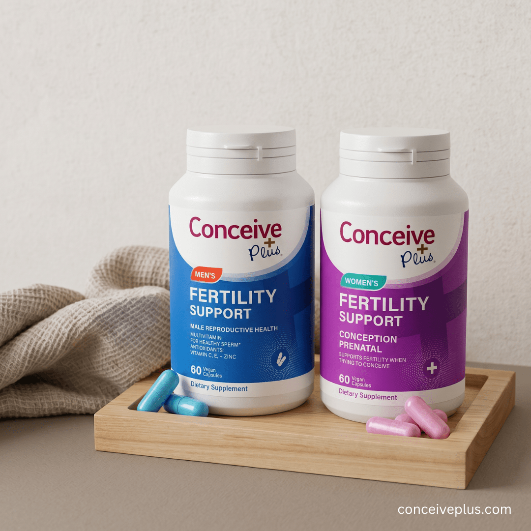 Two bottles of Conceive Plus fertility support supplements on a wooden tray with a neutral background.