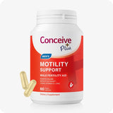The image of the front side of the bottle of Conceive Plus Motility Support on a white background. There are also two capsules on the lower left corner of the image of the bottle