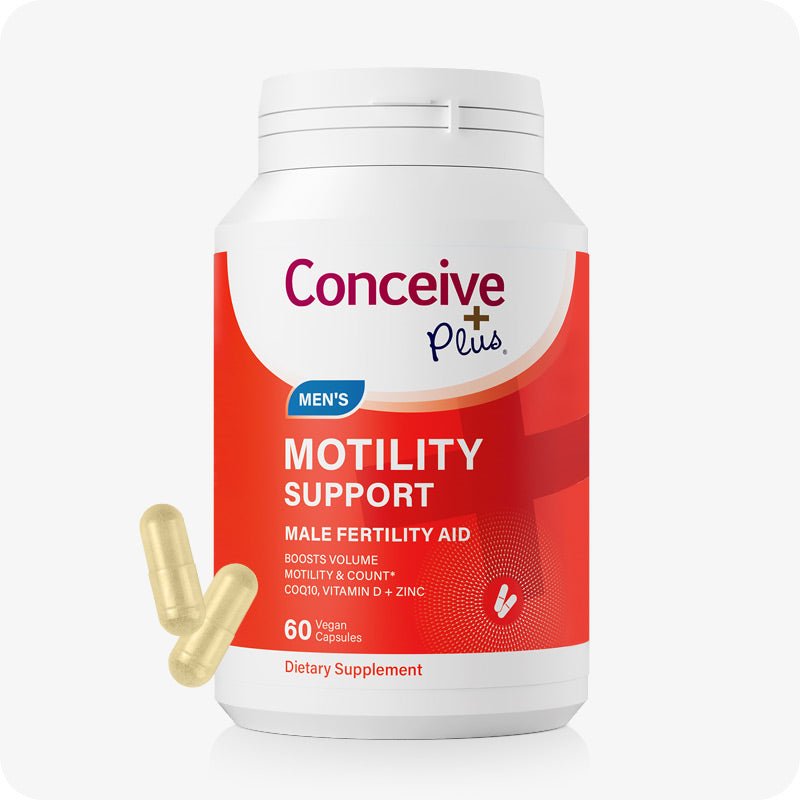 The image of the front side of the bottle of Conceive Plus Motility Support on a white background. There are also two capsules on the lower left corner of the image of the bottle
