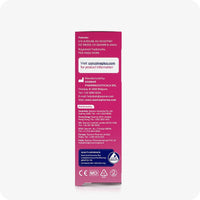 The back view image of the box of Conceive Plus Fertility Lubricant 3x4g Pre-filled Applicator on a white background. The side of the box contains information about Patents, website address, Manufactured by, and distributed by. There is also a small blue box at the bottom of the side view box stating information about quality assurance. The image of the box is placed in the center of the frame.