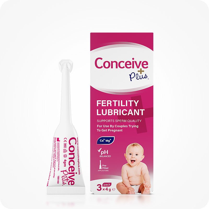 The image of the box and pre-filled applicator of Conceive Plus Fertility Lubricant 3x4g Pre-filled Applicators on a white background. The image of the box of the lubricant is on the right side of the frame while the prefilled applicator is on the left side of the frame. Both the box and applicator has their fronts facing towards the camera.