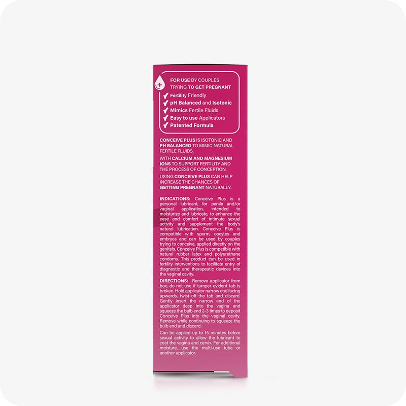 The side view image of the box of Conceive Plus Fertility Lubricant 3x4g Pre-filled Lubricants on a white background. The side of the box contains information about the qualities that makes it best for using by couple trying to conceive. It also contains information about indications and directions to use. The box of the product is placed in the center of the frame