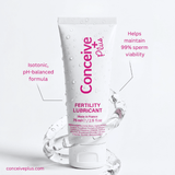 A white tube of Conceive Plus Fertility Lubricant with pink text, shown on a light gray background with decorative clear glass rings. Pink callout text highlights product features.
